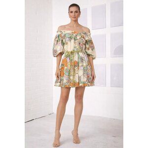 Alemais Farrah Ruffle Mini Dress Floral Linen Belted, Size 8 | 12